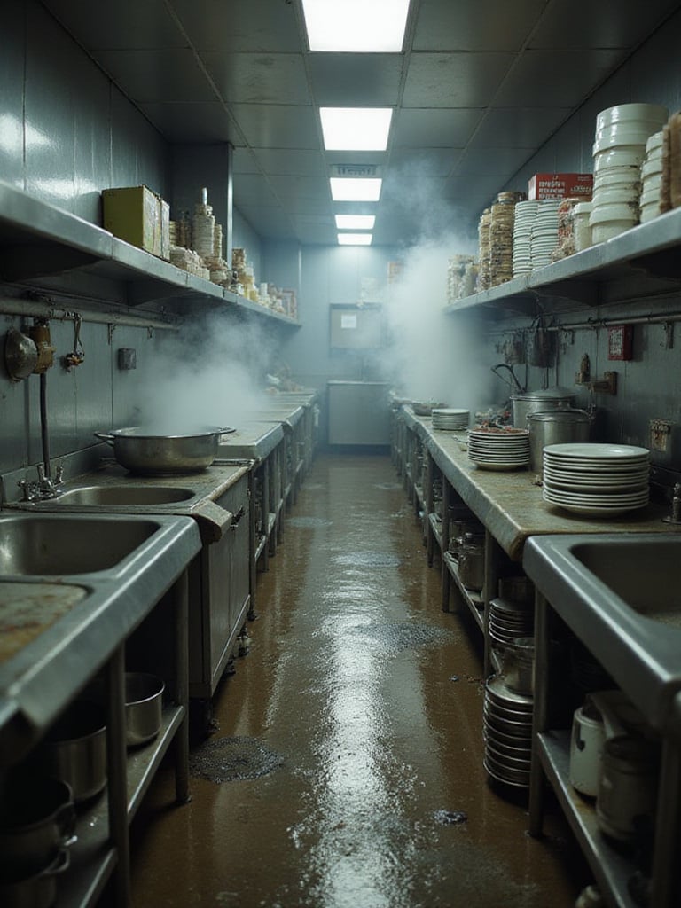 Wide shot of durable stainless steel industrial kitchen sinks busy during a rush, highlighting their robust construction.