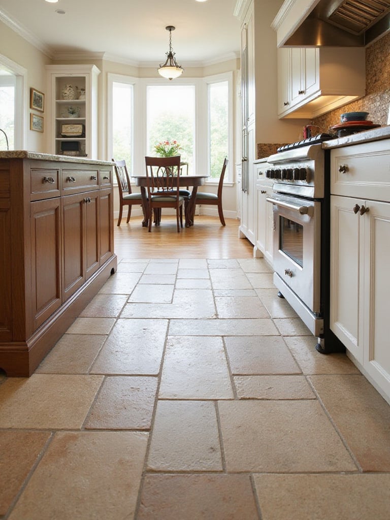 Traditional kitchen floor featuring a combination of durable natural stone tile and warm engineered hardwood planks.
