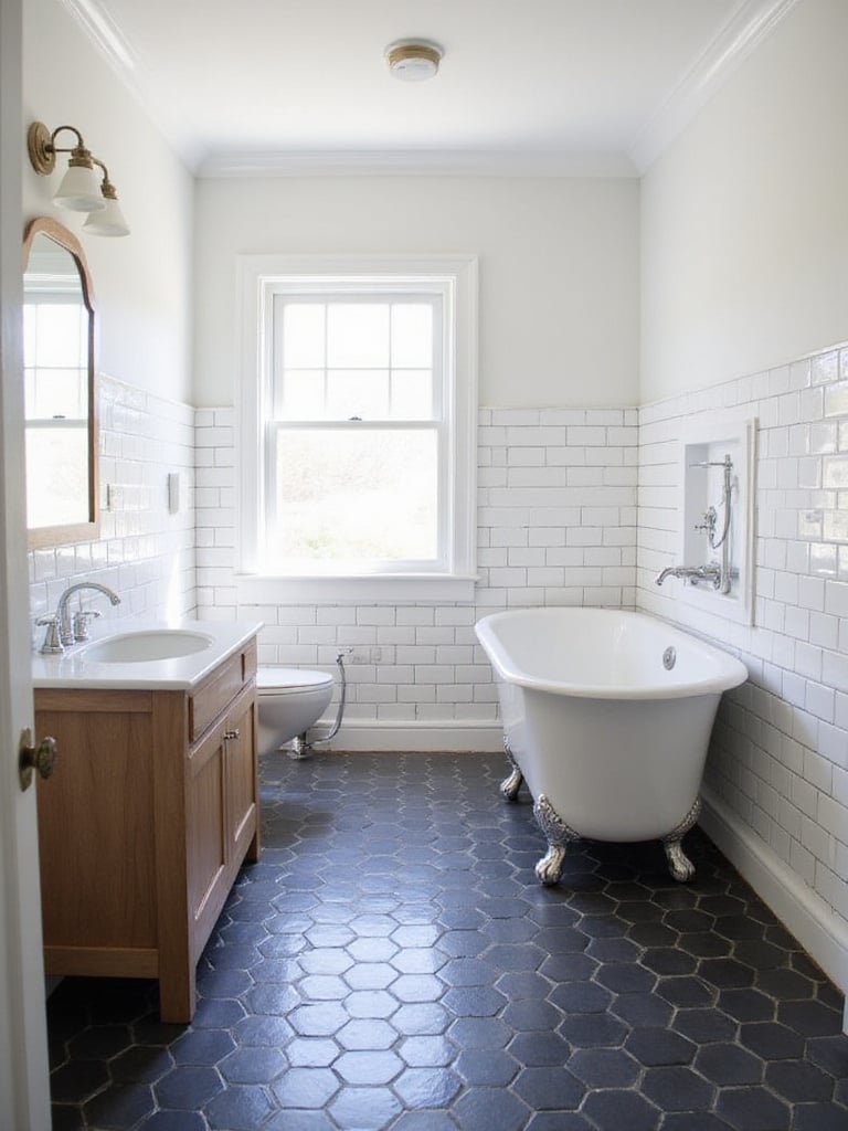 Farmhouse bathroom featuring a floor tiled with black hexagon tiles and walls tiled halfway up with white subway tiles, illustrating how to mix tile shapes.