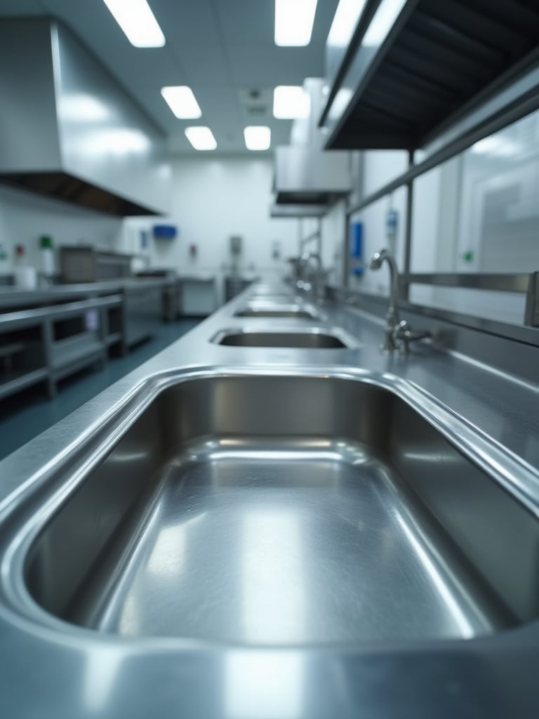 Large stainless steel industrial kitchen sink with a marine edge and rolled basin edge in a clean commercial kitchen, illustrating safety and containment features.