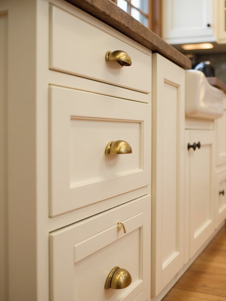 Elegant brass cup pulls and mushroom knobs adorning cream Shaker cabinets in a traditional kitchen.