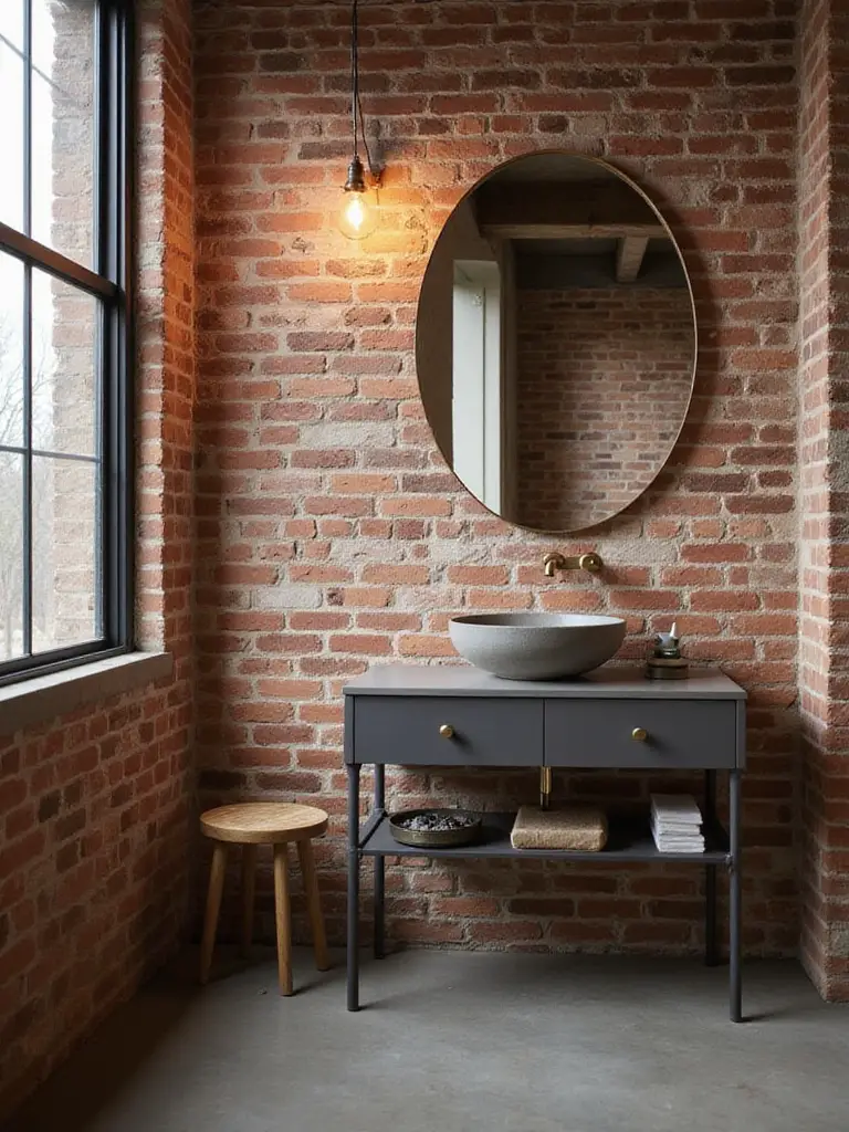 Industrial bathroom with exposed brick wall and modern vanity