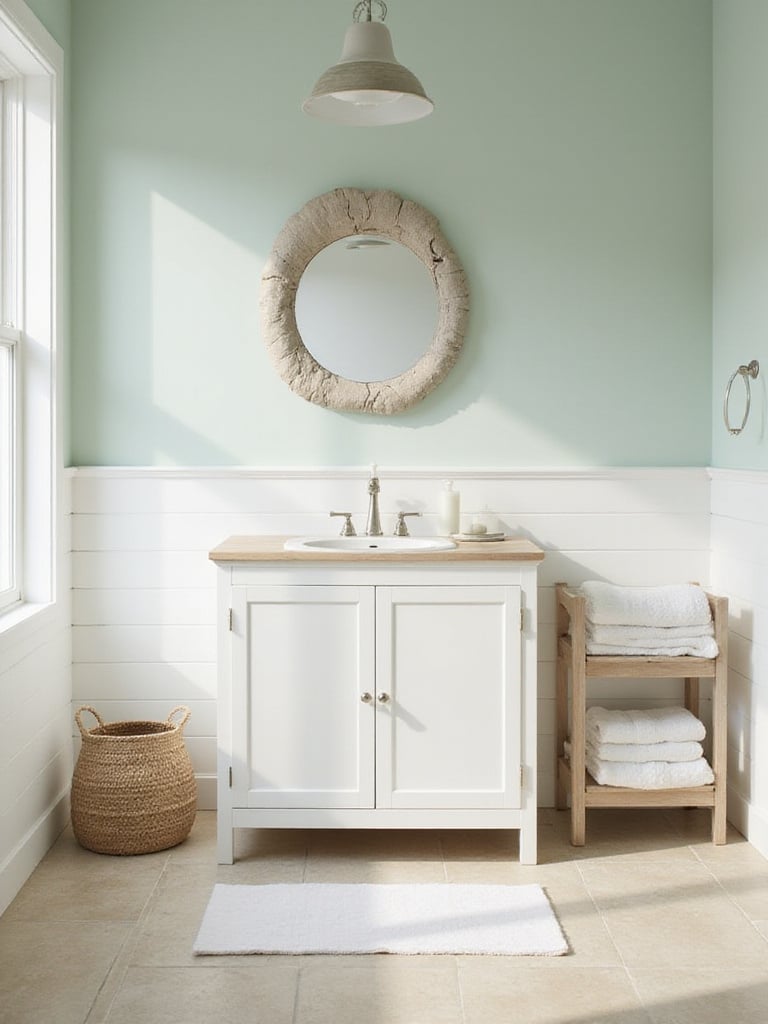 A serene coastal bathroom featuring soft seafoam green walls, white shiplap, sandy beige floor tiles, a white vanity with a wood top, and a driftwood mirror, showcasing a calming coastal color palette.