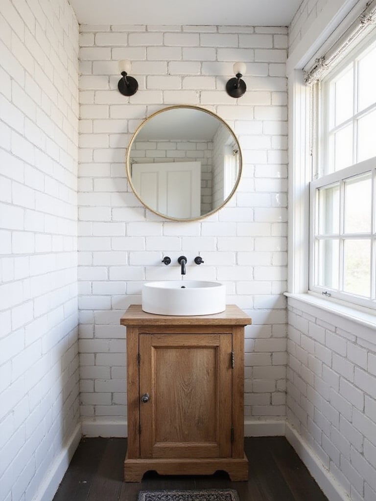 Bright farmhouse bathroom featuring white subway tile walls with gray grout, a rustic wood vanity, and vintage fixtures.
