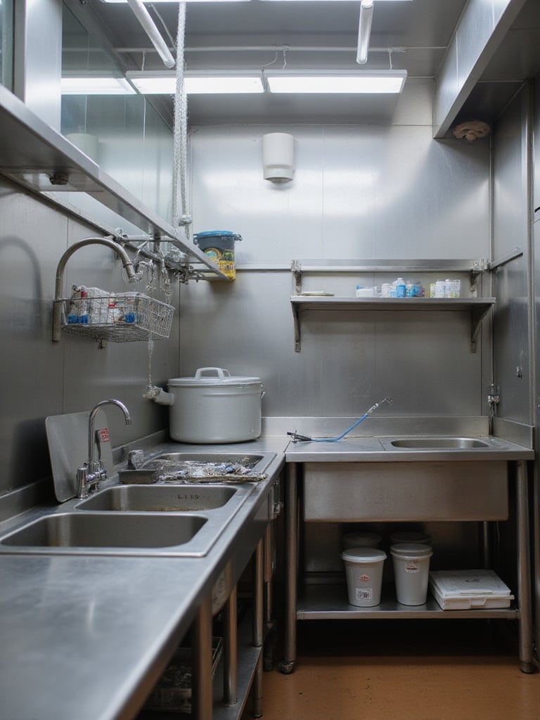 Industrial kitchen sink with essential accessories like a pre-rinse sprayer, drain board, and scrap basket, illustrating enhanced utility and organization.