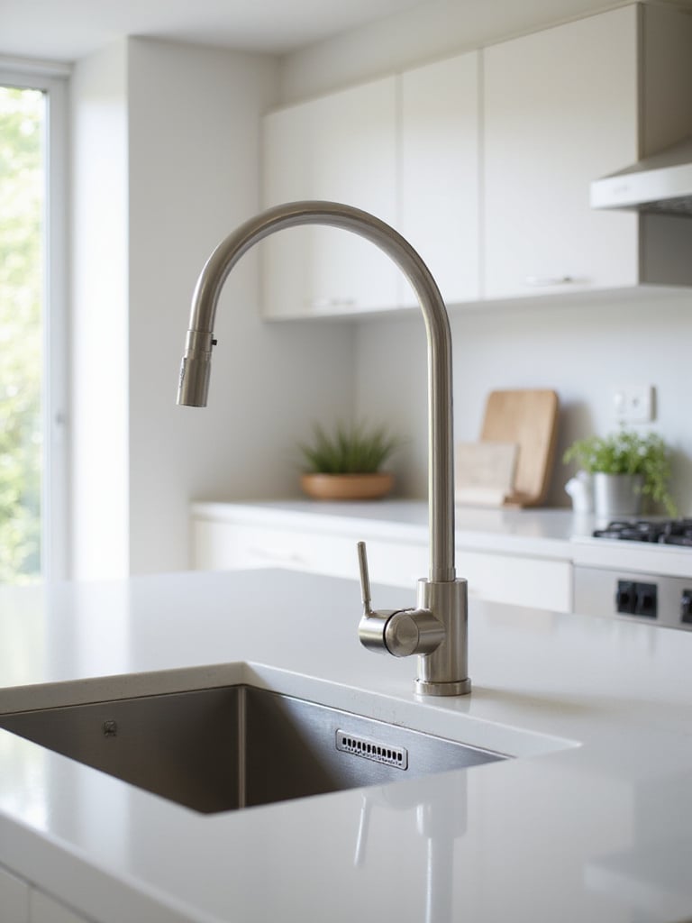 Modern kitchen with a stylish stainless steel pull-down faucet.