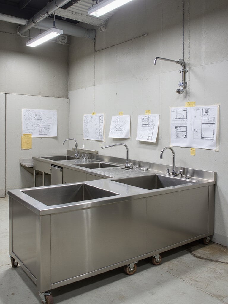 Planning and measuring for industrial kitchen sink installation, showing different sink sizes and layouts.