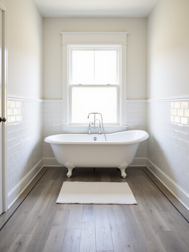 Farmhouse bathroom featuring white subway tile wainscoting capped with a chair rail trim tile, and floor tiles bordered by a contrasting pencil liner tile.