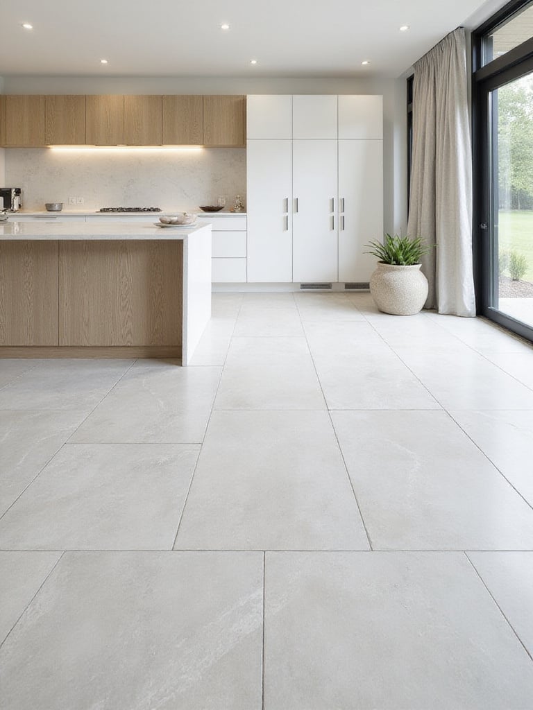 Modern kitchen with light grey large-format porcelain tile flooring