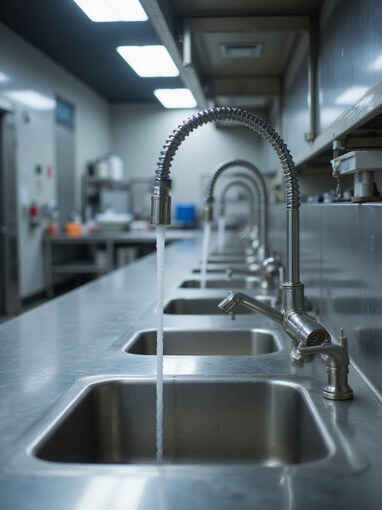 Detailed view of industrial kitchen sinks with various faucet types including a heavy-duty pre-rinse faucet and a standard deck-mount faucet, illustrating different options for commercial kitchen setups.