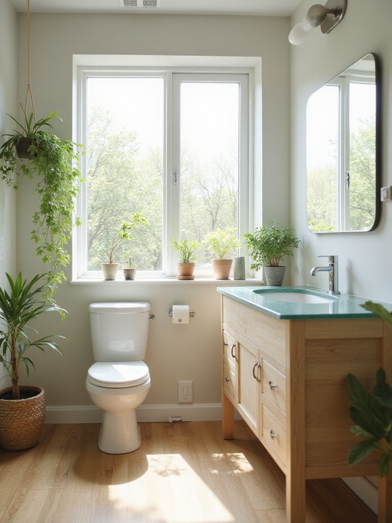 A modern, eco-friendly bathroom featuring a low-flow toilet and faucet, recycled glass countertop, natural wood floor, and abundant natural light.