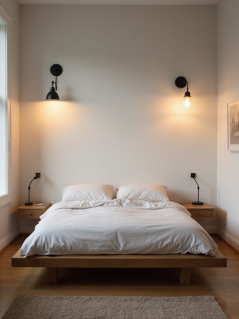 Wall mounted swing arm and fixed sconces providing bedside light in a small, minimalist bedroom, illustrating how wall lights save space on nightstands.