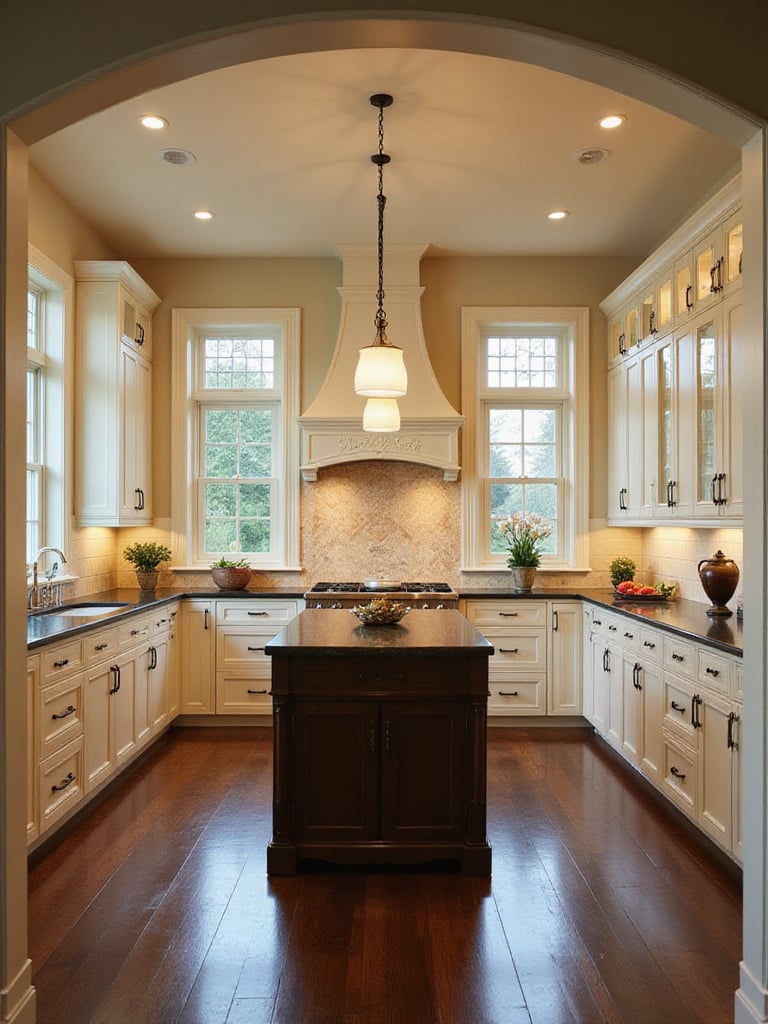 A traditional kitchen interior showcasing a functional and symmetrical layout with a centered range flanked by matching cabinets and symmetrical windows over the counter space.