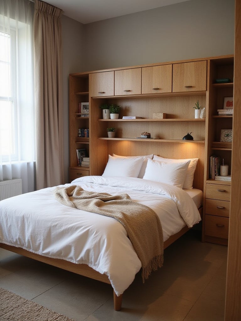 A bed in a small bedroom featuring a wooden headboard with built-in shelves and cabinets used for storage and display.