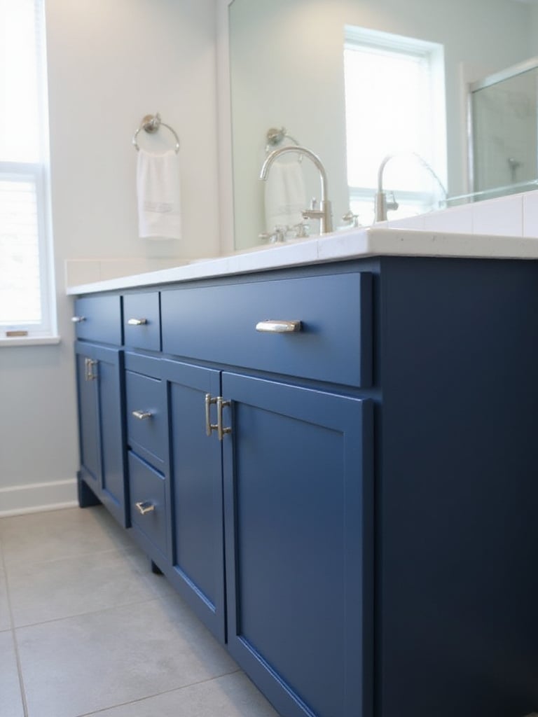 Navy blue painted bathroom vanity cabinets with brushed nickel hardware and a white quartz countertop.
