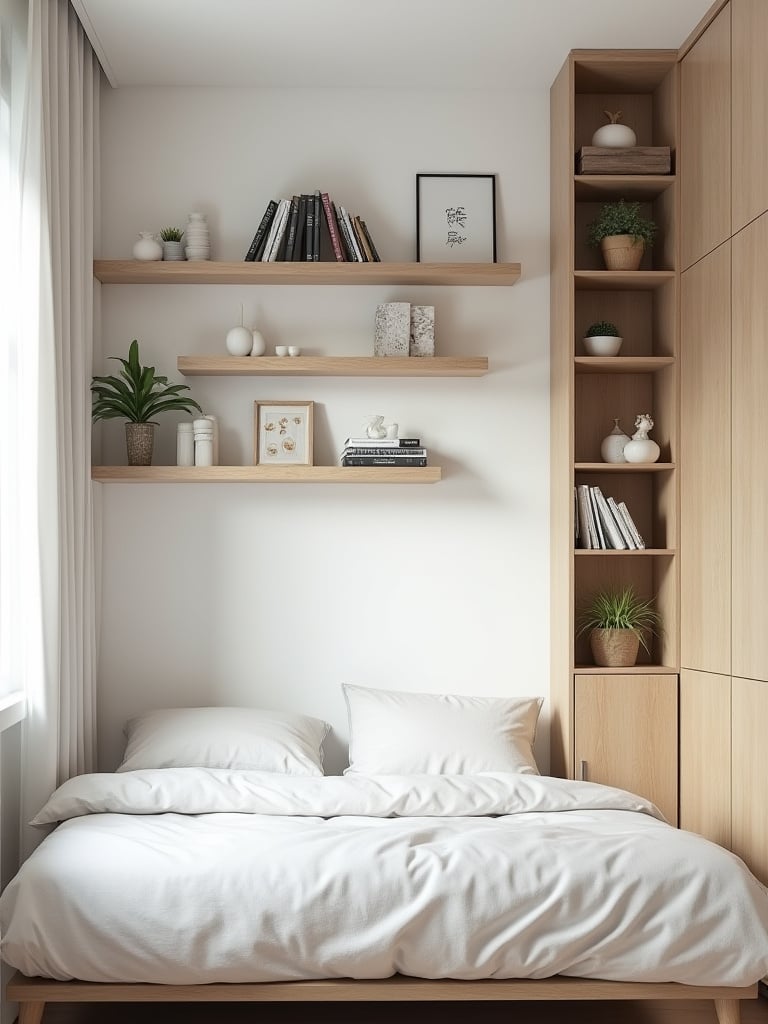 Small bedroom showcasing space-saving vertical storage with floating shelves above the bed, a tall narrow bookshelf, and wall-mounted cubbies.