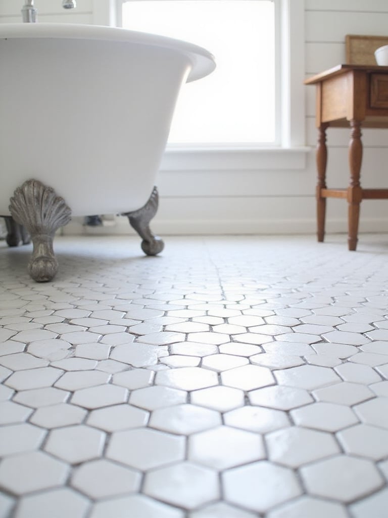 Farmhouse bathroom floor with small white hexagon tiles and dark grout, featuring a clawfoot tub and wooden vanity.