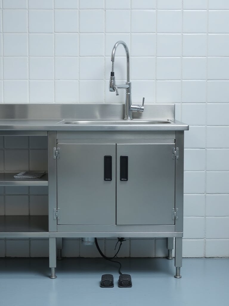 Industrial stainless steel sink with hands-free foot pedal controls on the floor in a clean commercial kitchen environment.