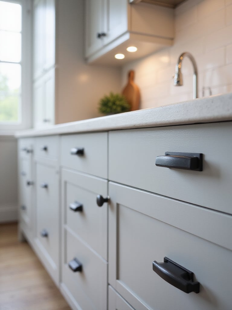 Modern kitchen with light gray cabinets and matte black hardware.