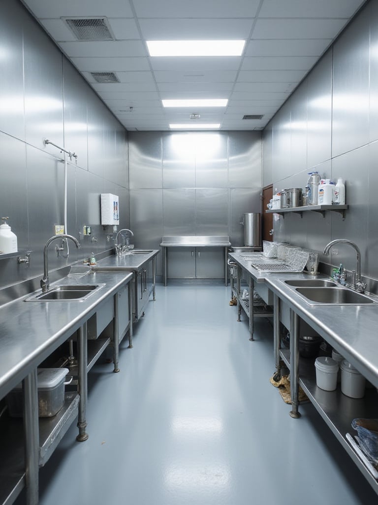 Layout of multiple compliant industrial kitchen sinks, including handwashing, 3-compartment warewashing, food prep, and utility sinks, emphasizing proper design and placement for health code compliance.