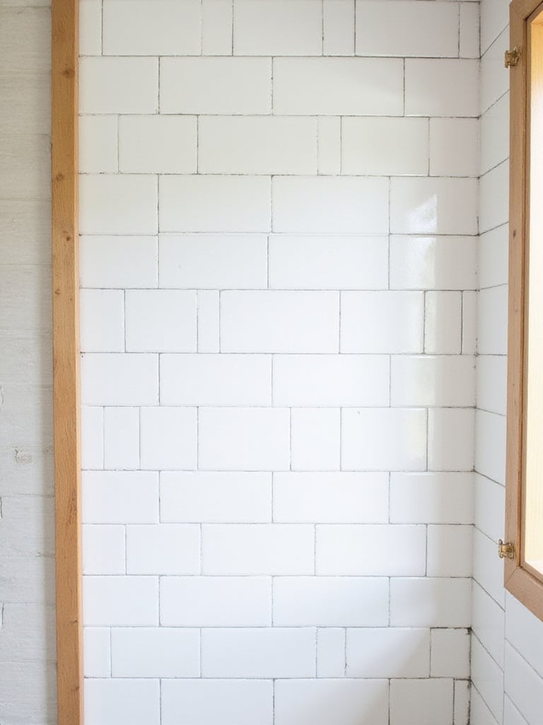 Farmhouse bathroom wall featuring white subway tile installed in a brick pattern with dark contrasting charcoal grey grout, highlighting the shape of each tile.