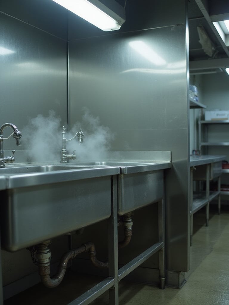 An industrial kitchen multi-compartment stainless steel sink with plumbing visible, showing the infrastructure for hot water supply.