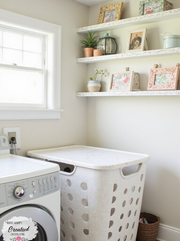 Laundry room decor with wallpaper scraps on storage bins and picture frames