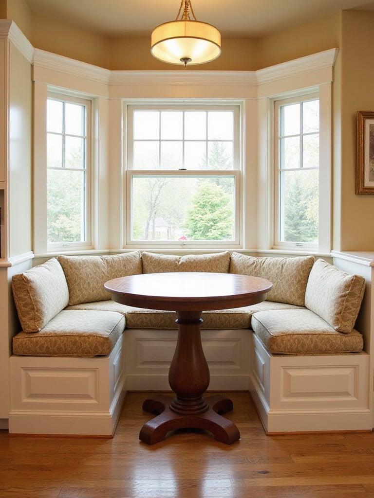 Traditional kitchen corner featuring a built-in banquette with upholstered cushions and a wooden table, bathed in natural light from a window.