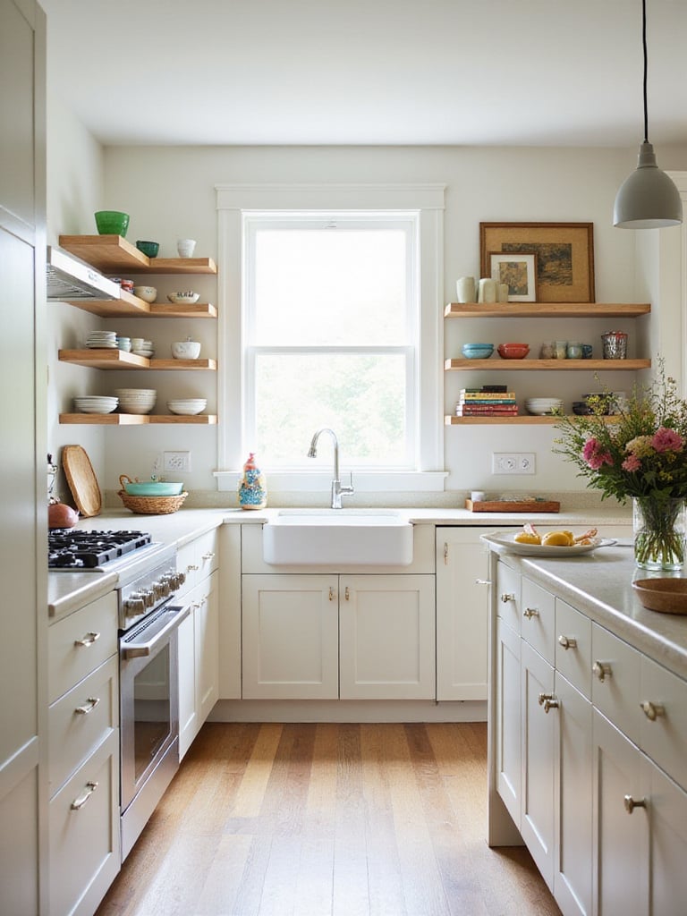 Kitchen with modern cabinetry and personalized decor elements like colorful ceramics, cookbooks, and artwork.