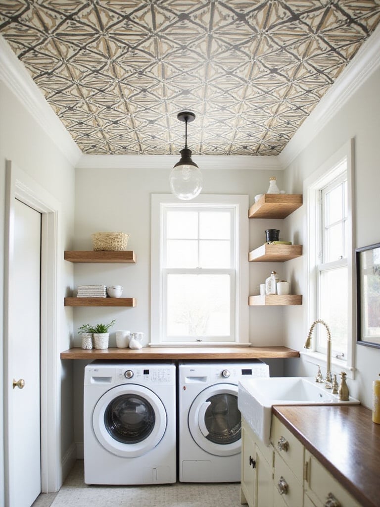 Laundry room with a stylish wallpapered ceiling featuring a geometric pattern.