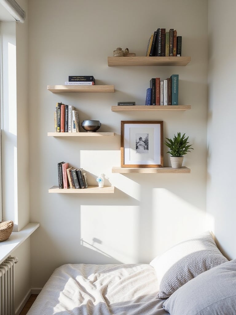 Floating shelves installed on a wall in a small bedroom, holding books, a plant, and a photo frame to maximize vertical storage and display space.