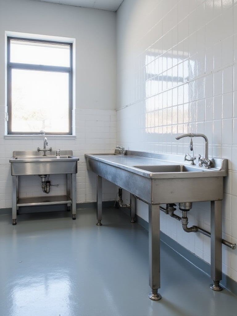 An industrial kitchen scene showing two types of stainless steel sinks: a free-standing sink with legs and undershelf on the left, and a wall-mounted sink with open space underneath on the right, illustrating different installation choices.