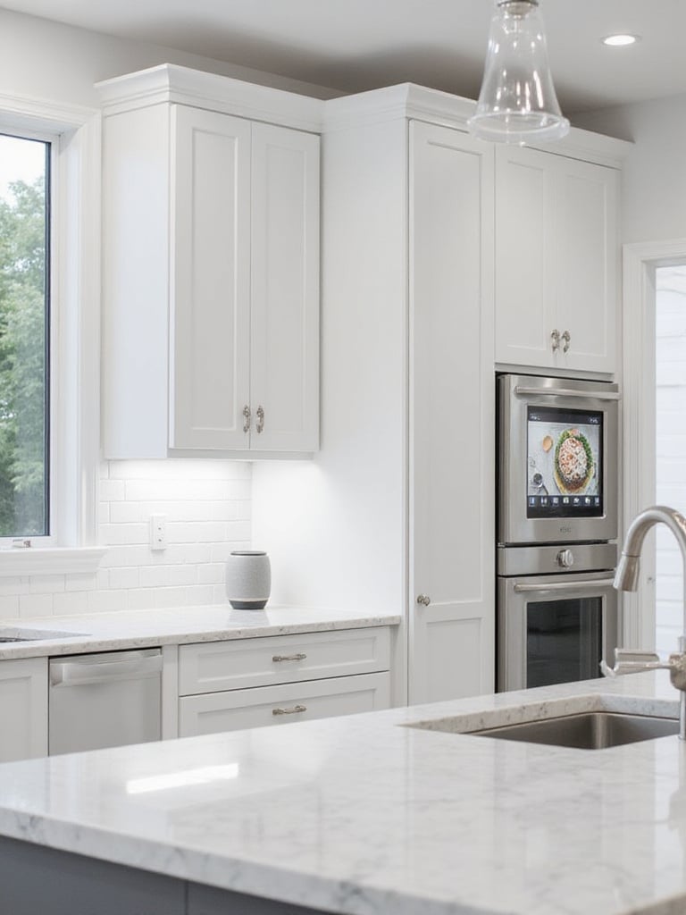 Modern kitchen featuring integrated smart technology, including a smart refrigerator and under-cabinet lighting.