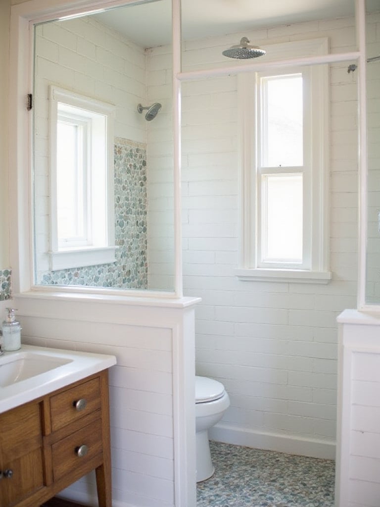 Farmhouse bathroom shower niche with small hexagonal mosaic accent tiles, contrasting with white subway tiles.