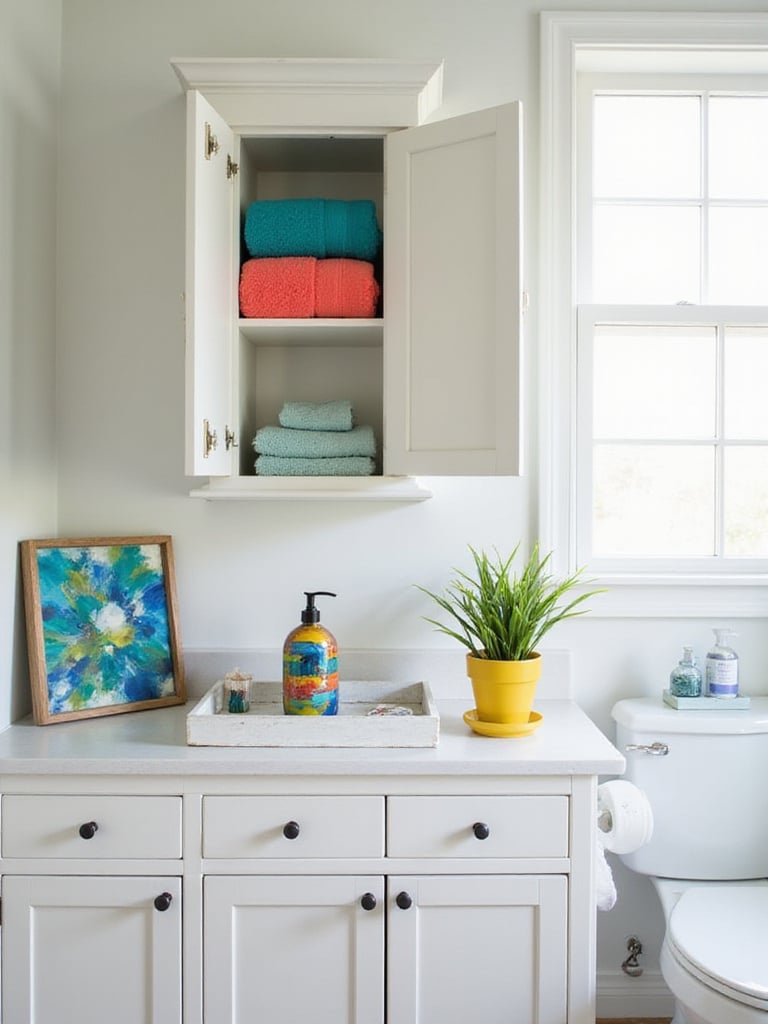 Bathroom cabinet area featuring colorful accessories. Teal and coral towels are stacked on a shelf, a yellow pot holds a plant on the counter, and a colorful art piece is displayed on top of the cabinet.