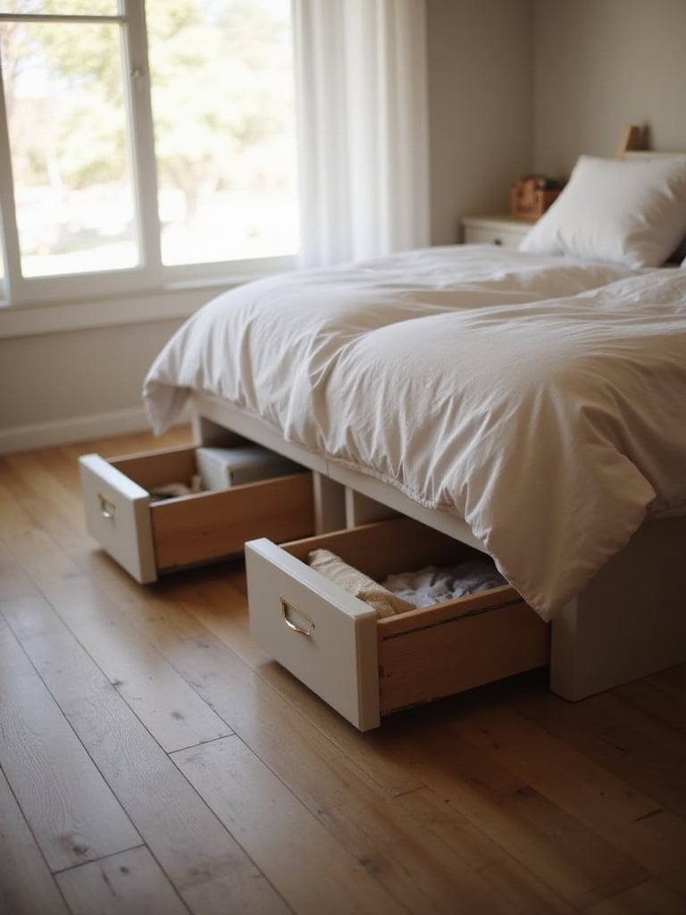 Under-bed storage drawers neatly tucked beneath a bed in a small, organized bedroom, maximizing space.