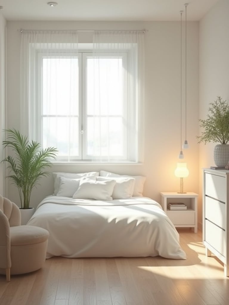 Small minimalist bedroom with tidy surfaces, including a clear nightstand and dresser top, showcasing how keeping surfaces free of clutter makes a small space feel calm and organized.