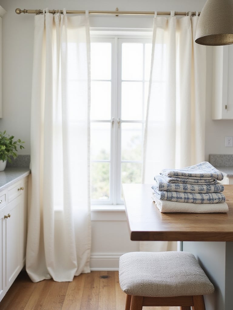 A bright coastal kitchen featuring layered natural textures like linen cafe curtains, cotton dish towels on the counter, and a textured fabric seat cushion on a stool, creating a relaxed and airy feel.