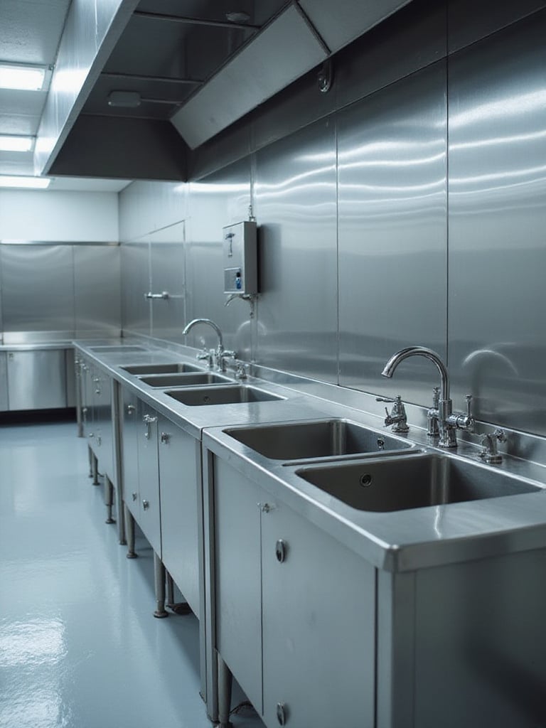 Large, durable stainless steel sink in a clean industrial kitchen wash-up area, highlighting the heavy-duty material.