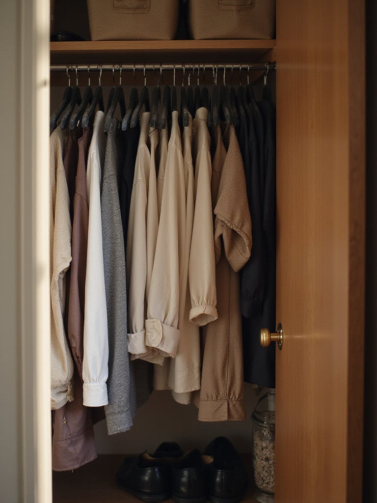 An open small bedroom closet showing clothes neatly hung on uniform slim velvet hangers, illustrating space-saving organization.