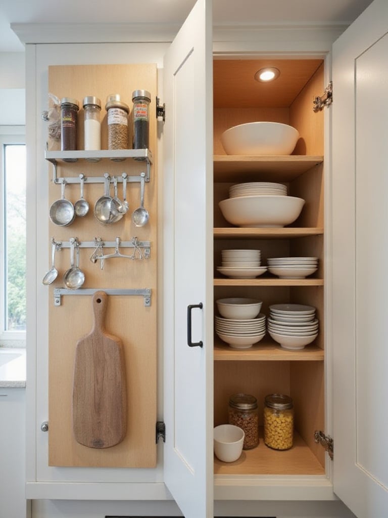 Inside view of an open kitchen cabinet door showing mounted storage solutions for spices, measuring tools, and cutting boards, maximizing space.