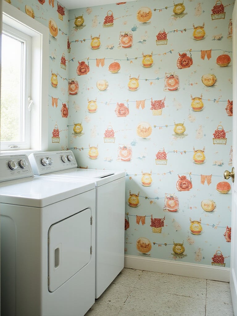 Cheerful laundry room with playful wallpaper featuring laundry-themed prints