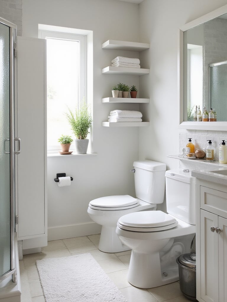 Modern bathroom showcasing smart storage solutions, including a tall cabinet, floating shelves, organized vanity drawers, and a recessed shower niche.