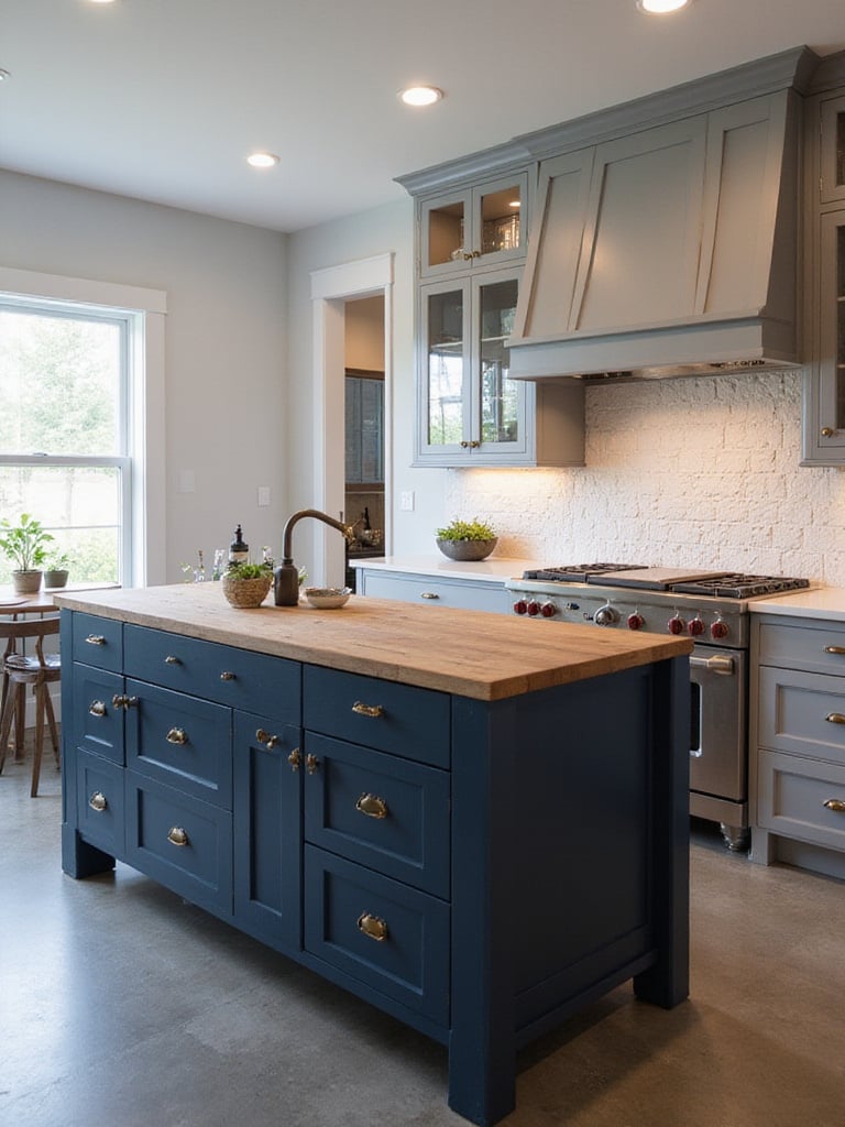 Modern kitchen featuring a mix of blue island with butcher block, gray cabinets, brass hardware and white subway tile.