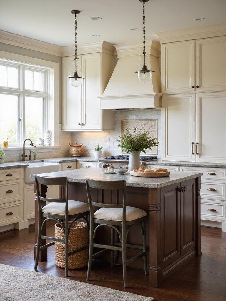 Traditional kitchen interior featuring a blend of textures from smooth painted cabinets, distressed wood island, honed granite countertops, glossy tile backsplash, aged brass hardware, and textured fabrics on seating, creating visual depth and interest.