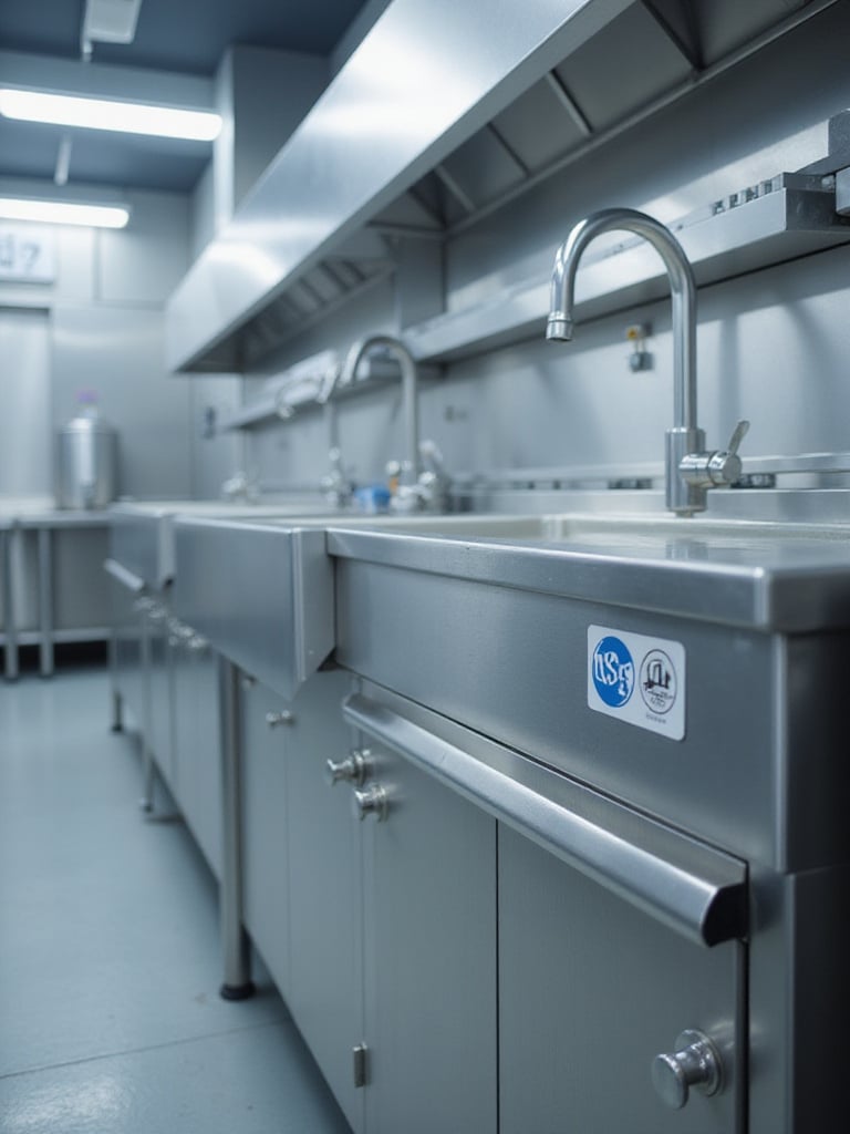 A large, NSF-certified stainless steel industrial kitchen sink in a clean commercial kitchen environment, highlighting its design features for sanitation.