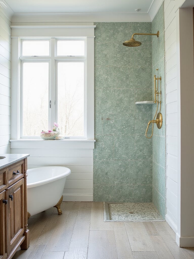 Farmhouse bathroom featuring sage green zellige-style ceramic tiles in the shower, paired with a rustic wood vanity, white shiplap walls, and brass fixtures, creating a natural and serene atmosphere.