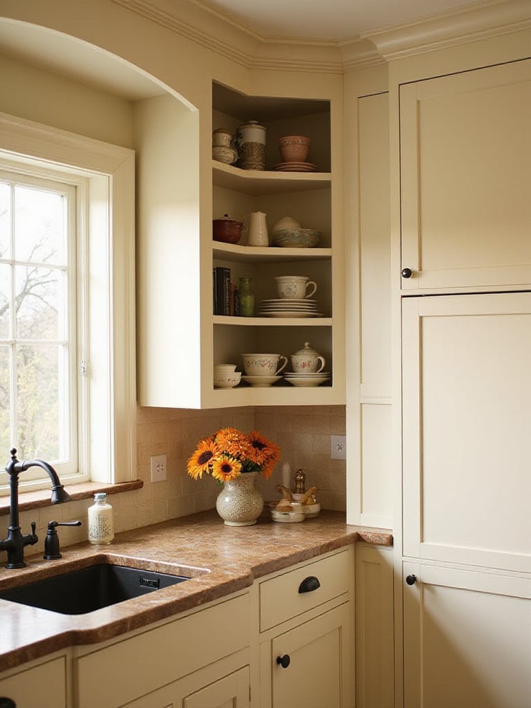 Traditional kitchen interior with cream cabinets and dark countertops, featuring a small section of open shelving displaying ceramic dishes and vintage teacups.