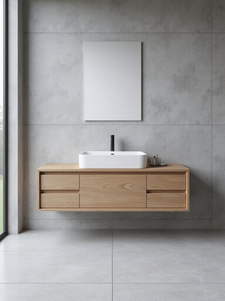 Modern bathroom with a floating wood vanity and white sink, showcasing the open floor space beneath to make the room feel larger.