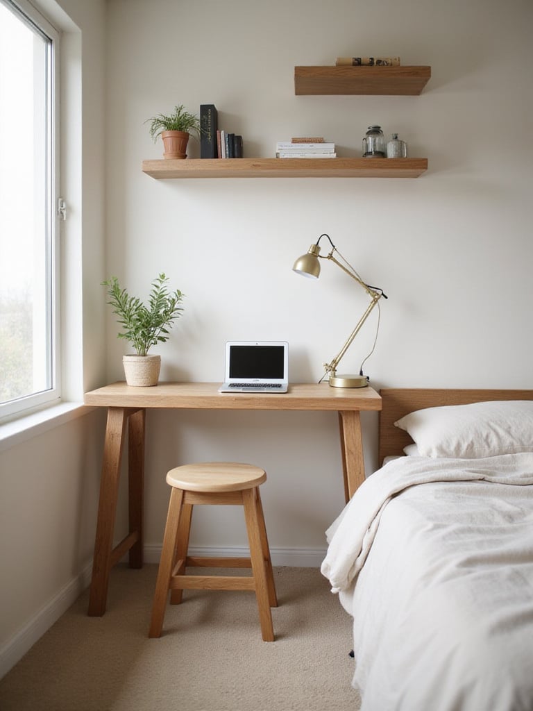 A modern, slim wooden desk with a tucked-in stool in a small bedroom, demonstrating a space-saving furniture solution.